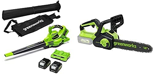 Greenworks 2x24V Blower Vacuum, Chainsaw with 2x4Ah Battery and Dual-Slot Charger