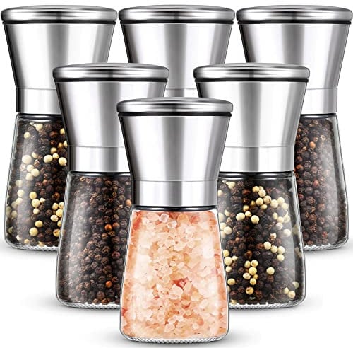 Set of 6 Salt and Pepper Grinder Stainless Steel Sea Salt Grinder Ceramic Salt and Pepper Shaker with Adjustable Coarseness Refillable Pepper Grinder Mill Glass Pepper Mill 6.3 oz Salt Mill Spice Mill