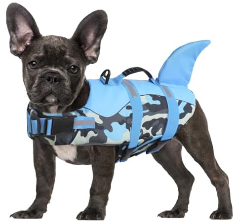 CITÉTOILE Schwimmweste Hunde Hai, Leicht und Sicher für Wassersport, hundeschwimmweste mit Griff und Reflektierend für Kleine Mittlere und Große Hunde, Blau Tarnung, M