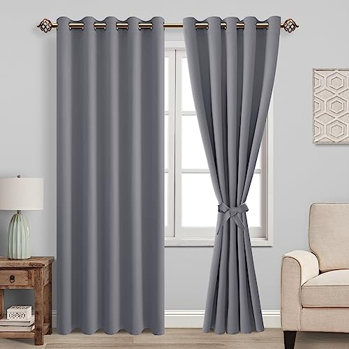 JIUZHEN Verdunklungsvorhänge mit Raffhalter Grau Vorhang Blickdicht Gardinen Ösenvorhang für Schlafzimmer Thermovorhang Wohnzimmer, 2 Stück, 228x167cm(HxB)