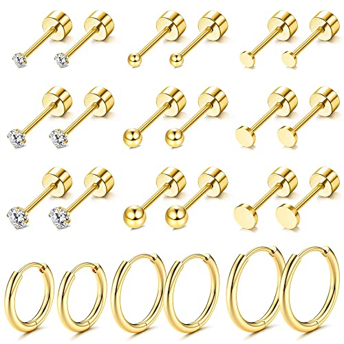Morfetto 12 Paar winzige Ohrstecker Edelstahl Ohrringsets für mehrere Piercings Flache Rückseite Ohrringe Knorpel Kleine Creolen Gold