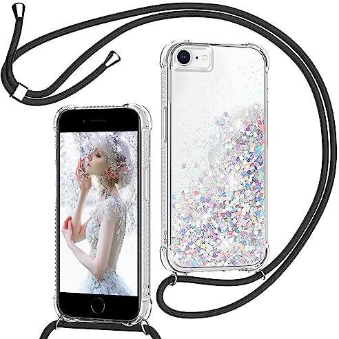 Handyband für iPhone 8/SE 2020/2022/7/6 Hülle mit Band, Glitzer Treibsand Handyhülle mit Kordel zum Umhängen Transparent Stoßfest Schutzhülle mit Kette Schnur, Quicksand Necklace Case in Schwarz