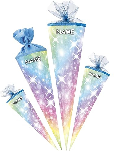 alles-meine.de GmbH Schultüte - Regenbogen Farben & Sterne 35-100 cm Größe wählbar inkl. Name - Zuckertüte - Tüllabschluß/Filzabschluß - eckig/rund - Mädchen - klein ..