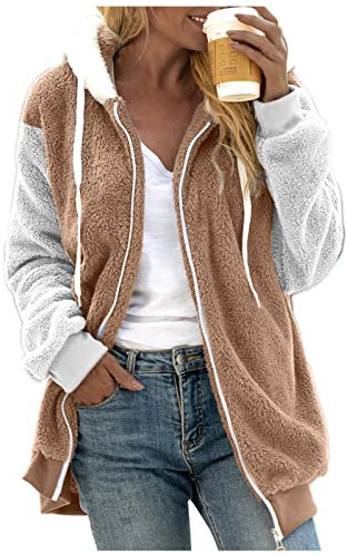 Kapuzenjacke Damen Teddy-Fleece Mantel Übergangsjacke mit Kapuzen mit Taschen Reißverschluss Herbst Winter Plüschjacke Fleecejacke Winterjacke Teddyjacke Wollmantel Jacke Outwear Fleecejacke Damen