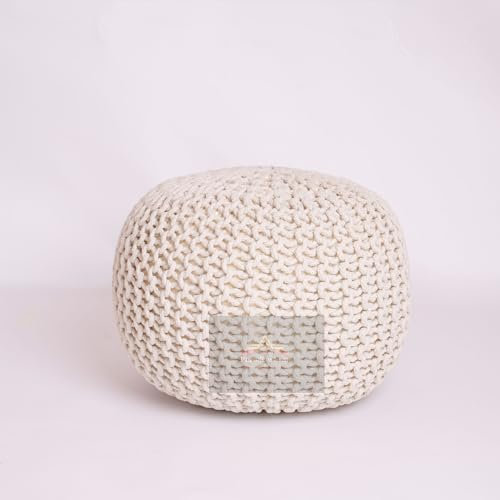 PARADISE STAR Grand pouf rond en tricot épais 100 % coton Ottomane fait à la main pour enfants, adultes, enfants, salon, couleur crème