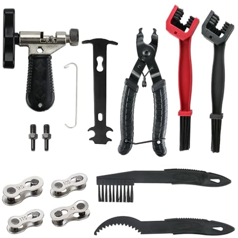 Bike Chain Tool Kit - Bike Link Plier & Chain Checker Tool & Bike Chain Splitter & 4 Chain Cleaning Brush & 4 Pairs Bicycle Missing Links for 8/9/10/11 Speed Chain - Bicycle Chain Repair Tool Set