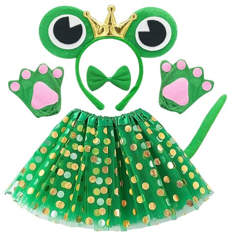 EUPSIIU 6 Pezzi Animale Costume Rana Cosplay Giochi Fascia Peluche Artiglio Guanti Orecchie Coda e Fiocco Tutu per Ragazze Dress Up Carino Costume Accessori Bambini Halloween Festa