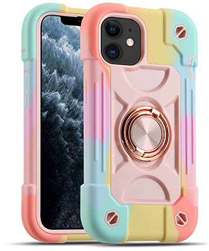KYMEYL Compatibile con iPhone 11 Custodia da 6,1 pollici con supporto ad anello girevole, protezione antigoccia di grado militare Custodia robusta e resistente per tutto il corpo (Rosa arcobaleno)
