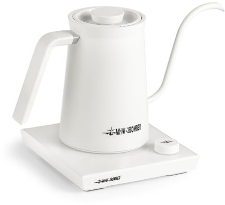 MHW-3BOMBER Gooseneck Electric Kettle, Professional Pour-Over Coffee Kettle Tea Kettle Precise Temperature Control LED Display Automatic Shut Off 600ML White BK6056W