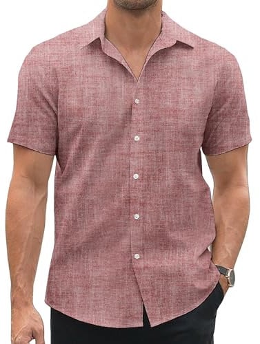 COOFANDY Men's Shirts Short Sleeve Casual Dress Shirt Regular Fit Button Up Shirts Oxford Shirt Summer WineRed M