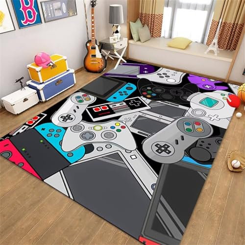Xiaosua Bettumrandung Teppich 3 Teilig Grau Schlafzimmer Mit Cartoon-Game-Controller-Muster Waschbar Teppich Anti Rutsch 160X200CM Teppich+Wohnzimmer 5Ft 3''X6Ft 6.7''