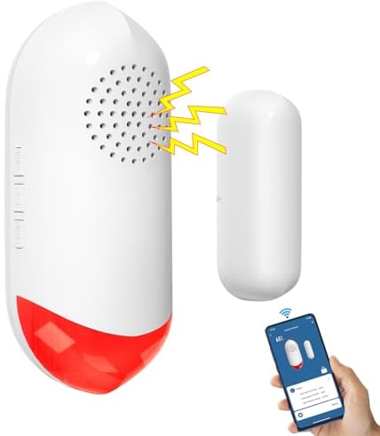 Cuteefun WiFi Sensor de Ventana de Puerta, Sirena de 100dB, Tuya App Control Remoto, Temporización Brazo/Desarmar, Volumen Ajustable, Alarmas para Casa de Garaje, Compatible con Google Home, Alexa