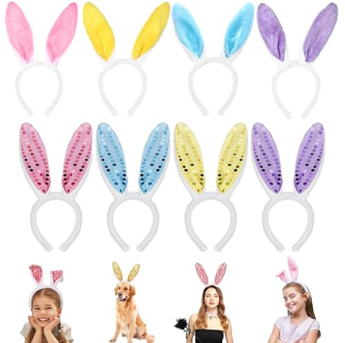 Hase Ohren Haarbänder, 8 Stück Hasenohren Haarreif, Hasen Ohren Stirnband Plüsch Hasenohren, Hasenohren Kaninchen Cosplay Set für Kinder Erwachsene Karneval Party