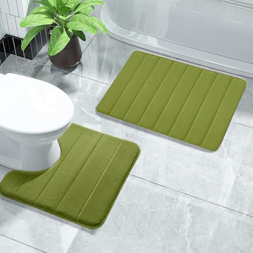 Memory Foam Bath Mat Set, 2pcs Pedestal Toilet Bathroom Rug Set, 40x60cm and 40x50cm U-Shaped Bathroom Rugs, Non Slip, Thick, Soft, Washable, Absorbent, Dry Fast (Green)