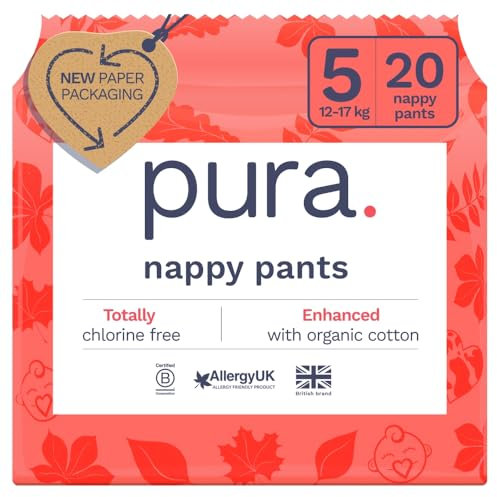 Pura Eco Nappy Pants - Size 5 (12-17kg), 20 Nappies, Pull Up Disposable Baby Nappies for Sensitive & Allergy Prone Skin, Hypoallergenic, Fragrance Free, Easy-Tear Side, New Size Guide
