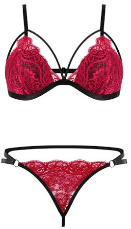 Satohom Women Sexy Lace Lingerie 2 Pieces Set with Underwire Push up Bra and Thong set Half Cup Underwear Strappy See Through Babydoll Sleepwear for Women Ladies Bikini Naughty Nightwear Burgundy S-XL