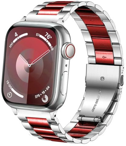 DEALELE Correa compatible con iwatch 38 mm, 40 mm, 41 mm, 42 mm, acero inoxidable sólido, metal de repuesto para Apple Watch Series 10/9/8/7/6/5/4/3/SE, para mujer, hombre, plata/rojo