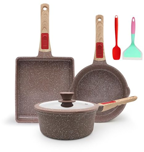 AIKENBBKK Juego de Ollas y Sartenes de Cerámica de 6 Piezas, Sartén 20cm, Cacerola 20cm con Tapa, Sartén Tamagoyaki Grande, con Revestimiento Cerámico Antiadherente y Mango Extraíble