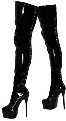 Stivali Sopra Il Ginocchio Da Donna, Plateau Alto Alla Coscia Tacco A Spillo Tinta Unita Stivali Lunghi Con Cerniera Posteriore Punta Tonda Di Grandi Dimensioni 15 Cm/5,90 Pollici , 48 EU,Black