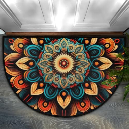 Bohemian Flower Half Round Door Mat, Non-Slip Entrance Welcome Mat for Indoor Semi Circle Bathroom Floor Rugs Outdoor Mats House Entry Way Heavy Duty Doormat for Kitchen Living Room 36x24 Inch
