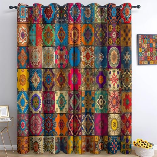 Vorhänge Blickdicht 2er Set Traditionelle Indische Muster Weicher Thermogardinen Kälteschutz Winter Verdunklungsvorhänge H 160 x B 140 cm Ösenvorhang für Schlafzimmer Wohnzimmer Bunt
