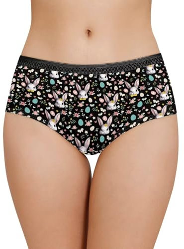 Belidome Damen-Unterwäsche, Slip, Unterhose, weich, atmungsaktiv, leicht, mit schwarzer Taille, Osterhasen-Blume, L