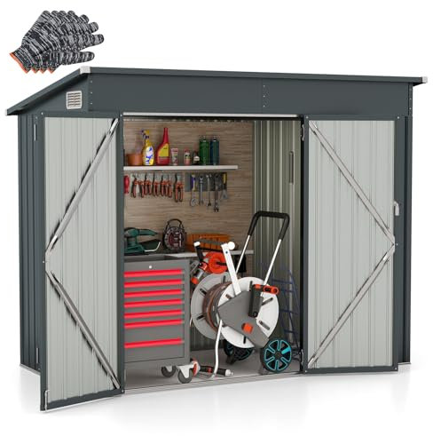HOMASIS Gerätehaus Metall, Geräteschuppen mit Pultdach & 2 Tür & 2 Lüftungsfenster, 235x117x185 cm, 2,6 ㎡, Gartenhaus mit 2 Paar Handschuhe, Gartenschuppen Outdoor Wetterfest, Gartenhütte Dunkelgrau