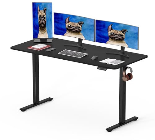 SANODESK 160 x 80cm Electric Standing Desk ONE PIECE Height Adjustable Desk Sit Stand Table Home Office Desk with 4 Height Memory Pre-Sets Smart Pannel and Hooks for Work, (Black Frame+Black Desktop)