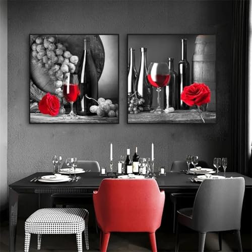 LZJAGXX Décoration murale de cuisine, tableau avec verre de vin rouge et rose, peinture sur toile, affiche et impressions, décoration de salle à manger, restaurant, 40 x 40 cm, sans cadre