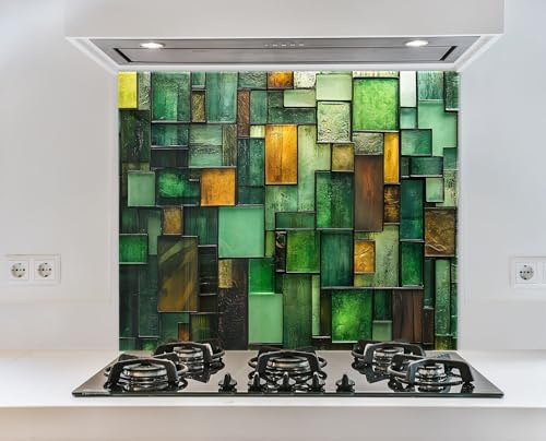 Myphotostation 76x70cm Green and Amber Stained Glass Splashback for stove Tempered Glass Backsplash, Glass Backguards For Kitchen, Stove Wall Protector,Cooker Wall Panel