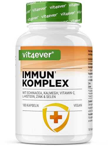 Complejo para el Sistema Inmunitario de alta dosis - 180 cápsulas para 90 días - 500 mg de Equinácea, Kalmegh, Escaramujo, Vitamina C, L-Histidina, Zinc y Selenio - Vegano, sin aditivos innecesarios