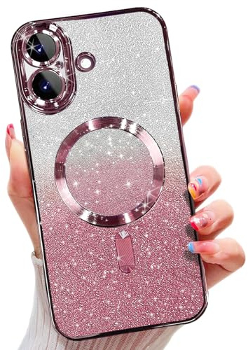 Misscase Magnetisch Hülle Kompatibel für iPhone 16, Glitzer Verlauf Handyhülle Kompatibel mit MagSafe, Stoßfest Anti-Kratzen mit Kamera Objektivschutz Niedliche TPU Schutzhülle-Rosa