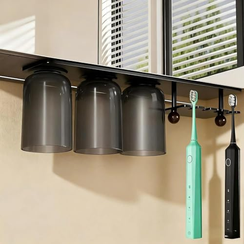 LIUZHUJ Zahnputzbecherhalter ohne Bohren – Magnetischer Zahnbürstenhalter Wand, 3 Becher, Platz für 4 Zahnbürsten