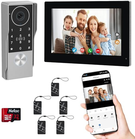 2-Wired Doorbell Camera with Monitor, Video Doorbell Intercom System with keypad,keypad video intercom with 1080P 7-inch Touch Screen, Tuya App Remote, Password Unlock, Waterproof, No Subscription