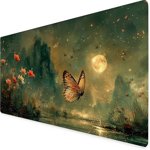 Gaming Mauspad XXL 90x40cm, Mauspad Schwarz Mousepad Schmetterling Schreibtischunterlage mit Genähten Kanten Fransenfreie, WassXerdicht Gaming Mousepad für PC, Laptop, Home, Office -yym2509VH