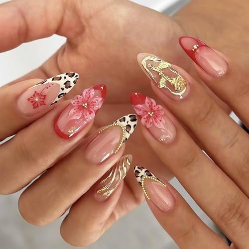 Bubaxuce Valentinstag Druck Auf Nägel Mittel Mandel Falsche Nägel Mit Designs 3D Goldblume Aufkleben Nagel Französisch Acryl Falschnagel Leopard Künstlicher Nagel