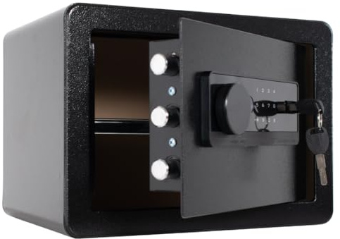 NIKCORP - Tresor für Zuhause 25x35x25, Möbeltresor aus Stahl mit Gepolstertem Innenraum aus PU-Leder, Geldverstecke, Schwarz, Biometrischem Fingerabdruck