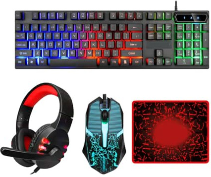 VOSAREA Wired Keyboard Mouse Headset Mouse Pad Combo Backlit USB Gaming Ergonomic Computer Accessories for Office and Home Use