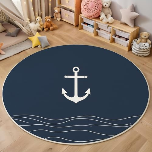 GDJSMIN Nautisches Thema Teppich Rund 80Cm,Waschbare Teppiche,Weißer Anker Runder Teppiche,rutschfest Carpet,Bedruckter Teppich Schlafzimmer Kinderzimmer, Marineblau