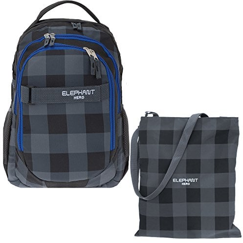 2 Teile Set ELEPHANT Schulrucksack Hero Signature Rucksack 12609 + Turnbeutel Attach Bag (Karo Plaid Blue)