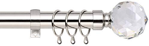 Crystal Ball Extendable Curtain Pole. Includes Pair Of Superior 60mm Size Finials, Rings, Brackets & Fittings Set. (Brushed Chrome, 120cm - 210cm, 48 inch to 83 Inch)