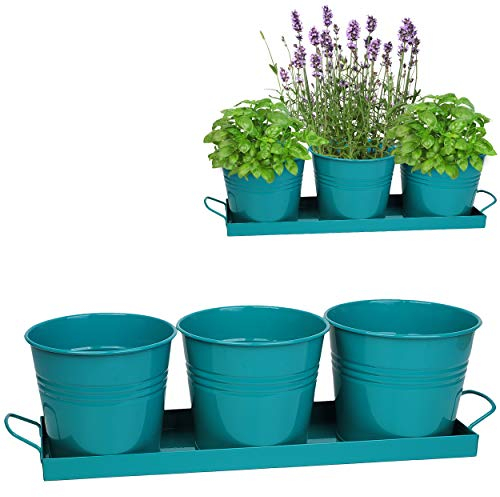 alles-meine.de GmbH 2 Stück Set: Metall - Tablett mit je 3 Töpfen - Blumentöpfe/Pflanzkübel/Pflanzschale - türkis blau/Mint - frostsicher - 48 cm - Untersetzer - MITTEL g..