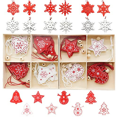 Zasiene Weihnachtsbaumschmuck Holz 36 Stück Weihnachtsbasteln Holzanhänger Weihnachten Weihnachtsbaumschmuck Rot Weiß Weihnachtsdeko Verzierung mit Hölzerner Aufbewahrungsbox