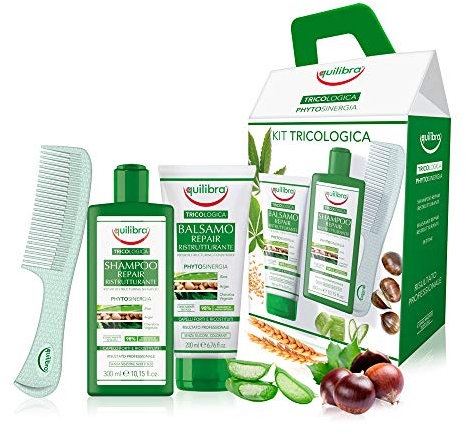 Equilibra Capelli, Kit Tricologica, Shampoo Repair Ristrutturante e Rinforzante, Balsamo Repair Ristrutturante e Rinforzante, Pettine a Denti Larghi Districante, Confezione Regalo