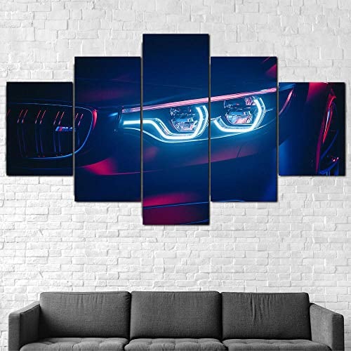 IIIUHU Bilder Abstrakt 5 Teilig Wandbild XXL BMW M4 LED Scheinwerfer Super Car Leinwand Bild Wandbilder Wohnzimmer Wohnung Kunstdrucke Modern Wandbilder Design Abstrakt Poster Wanddekoration