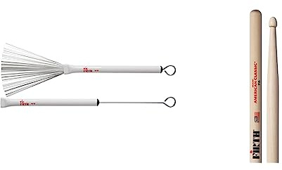 Vic FIrth - Jazz Drum Brushes - Retractable - Heavy Gauge Wire - White Plastic Handle & Vic FIrth - American Classic® Drumsticks 7A - American Hickory - Wood Tip