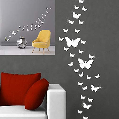 Longivia 30 Pezzi Farfalle Adesive da Parete Argento Adesivi Murali Farfalle Decorative da Parete a Effetto 3D Specchio Stickers Copri Parete Salotto Bagno Cucina Decoro Muro per Casa