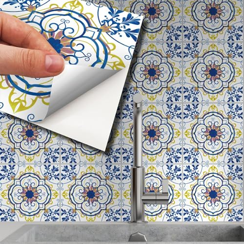 WALPLUS Wandfliesen Aufkleber 15 cm 48 Stück Porto Blue and Yellow Azulejo fliesenaufkleber Klebefliesen Selbstklebende tapete Fliesenfolie Küche Schälen und Stick fliesen