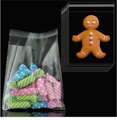 Flimflim Sachet Plastique Transparent 100pcs, Sachet Bonbon Petit avec Bande Collante, 10x11.8cm Cellophane Sac Plastique Transparent pour Biscuits Confiserie Anniversaire Noel Petits Cadeaux DIY