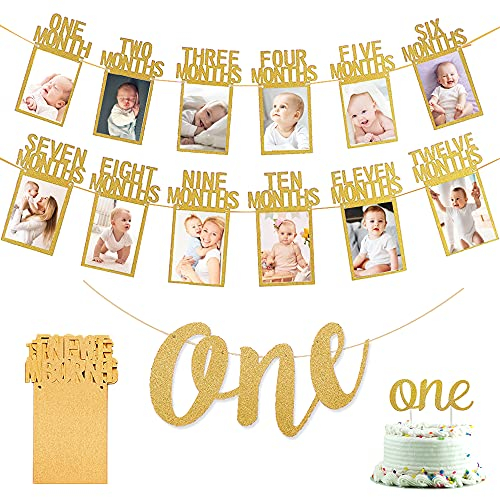 KISPATTI 1 Geburtstagsdeko, 1 Geburtstags Foto Banner Gold 1 bis 12 Monate Foto Banner One Banner One Cake Topper für Jungen Mädchen Geburtstag Babyparty Partydekorationen